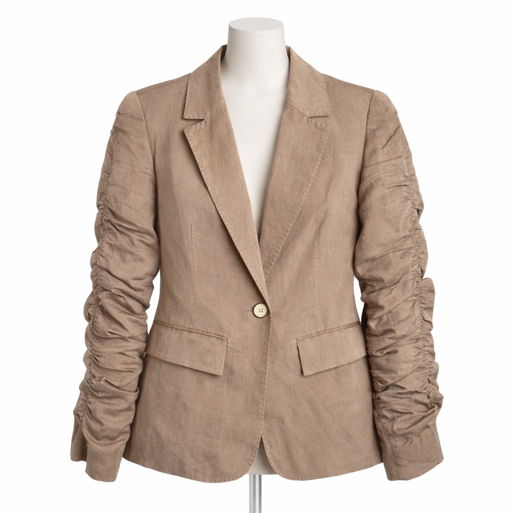 Doncaster Ruched Sleeve Blazer – Linen Blend Neutral Tailored Jacket | Size: 6